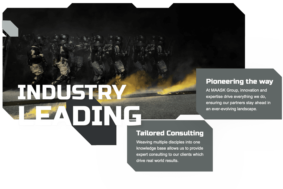 Tactical team in formation with industry leading text overlay