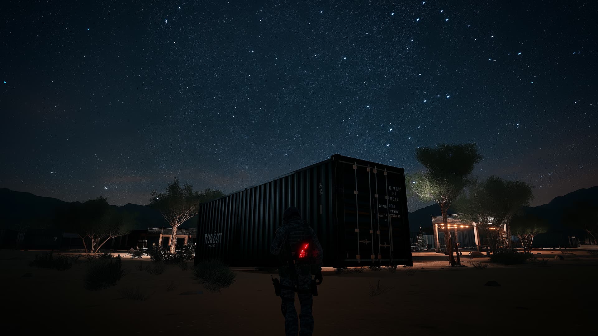 Night view of tactical training facility with shipping container under starry sky