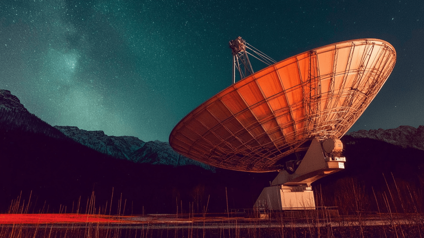 Large satellite dish under starry night sky