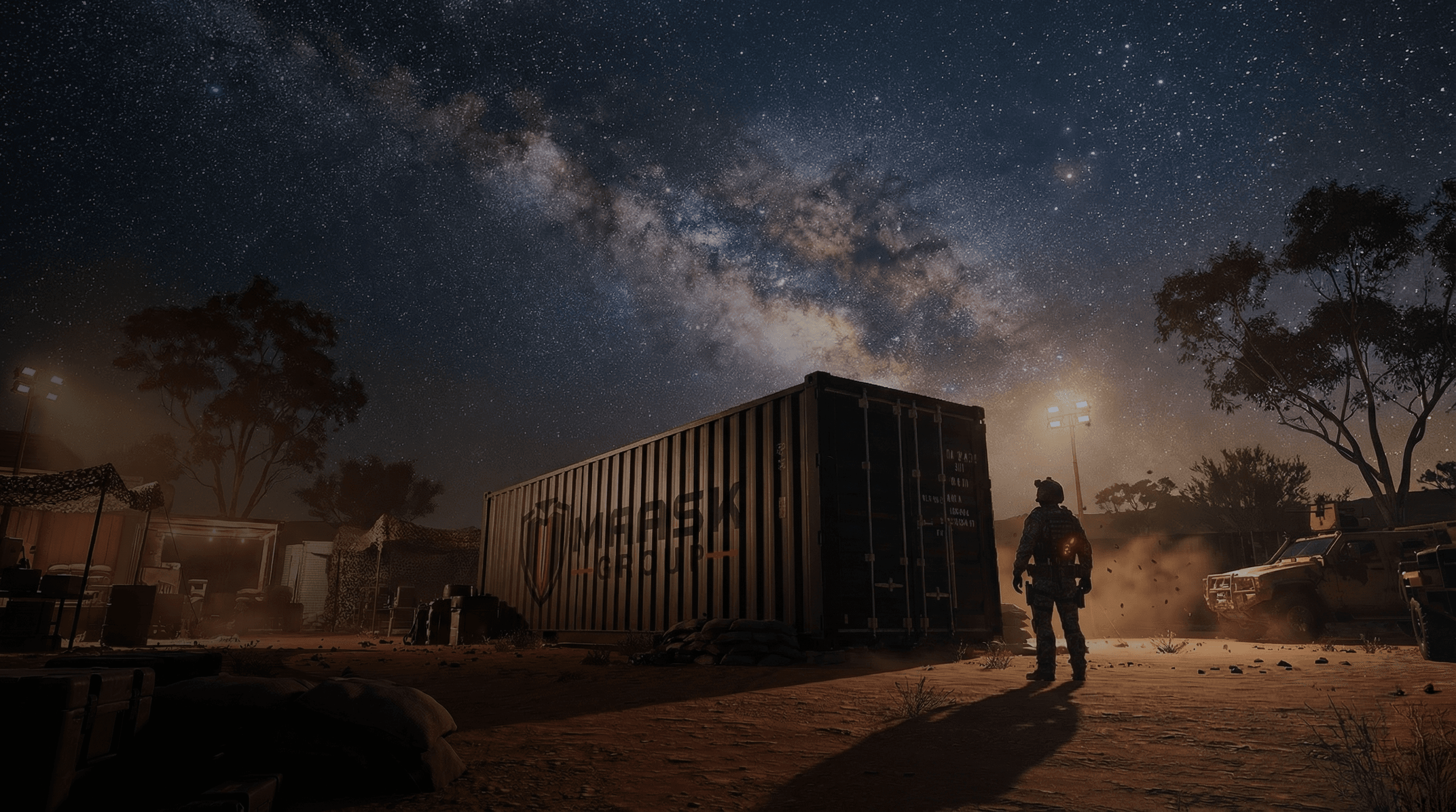 Night view of tactical training facility with shipping container under starry sky